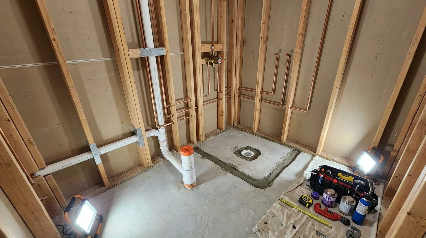 Bathroom rough-in plumbing during remodel by Johns Plumbing LLC in Hiawassee