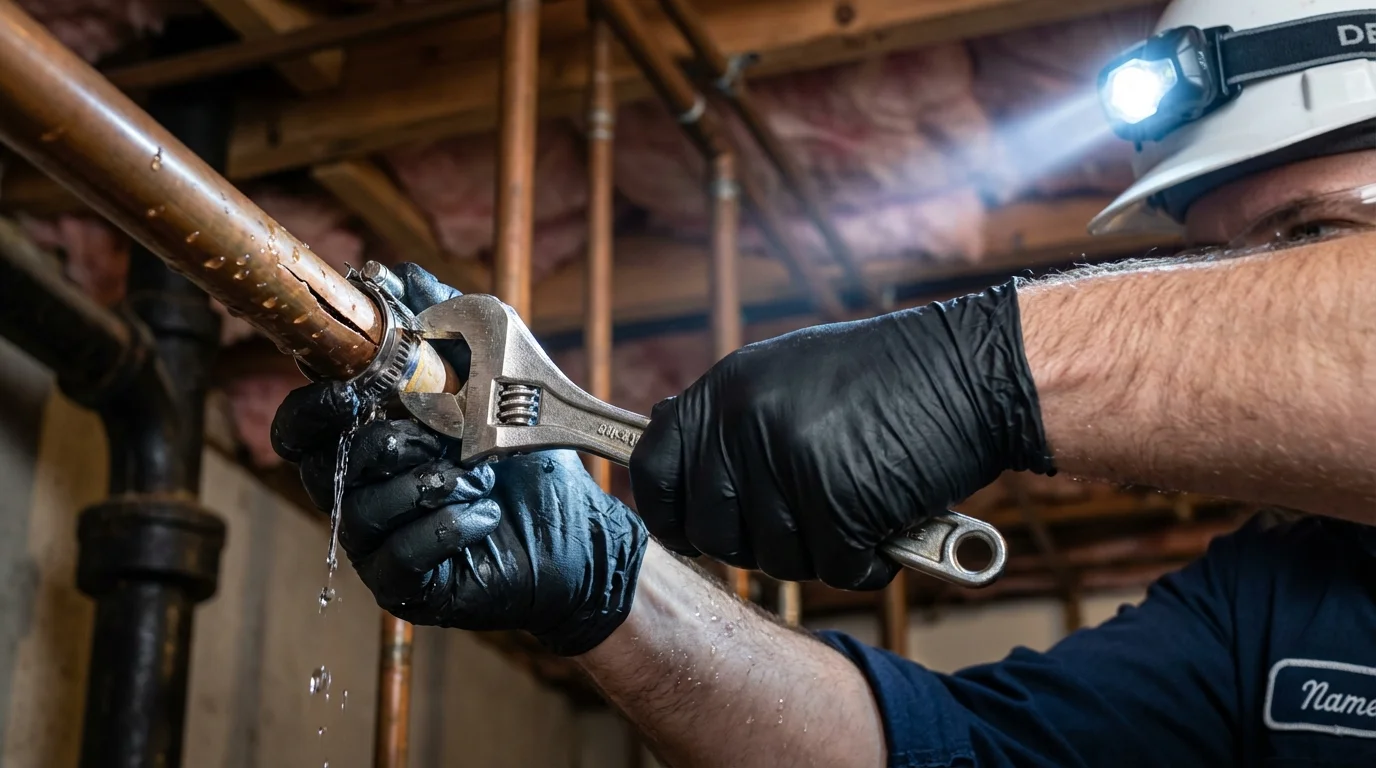 Emergency pipe clamp repair being performed by a Johns Plumbing LLC plumber in Hiawassee