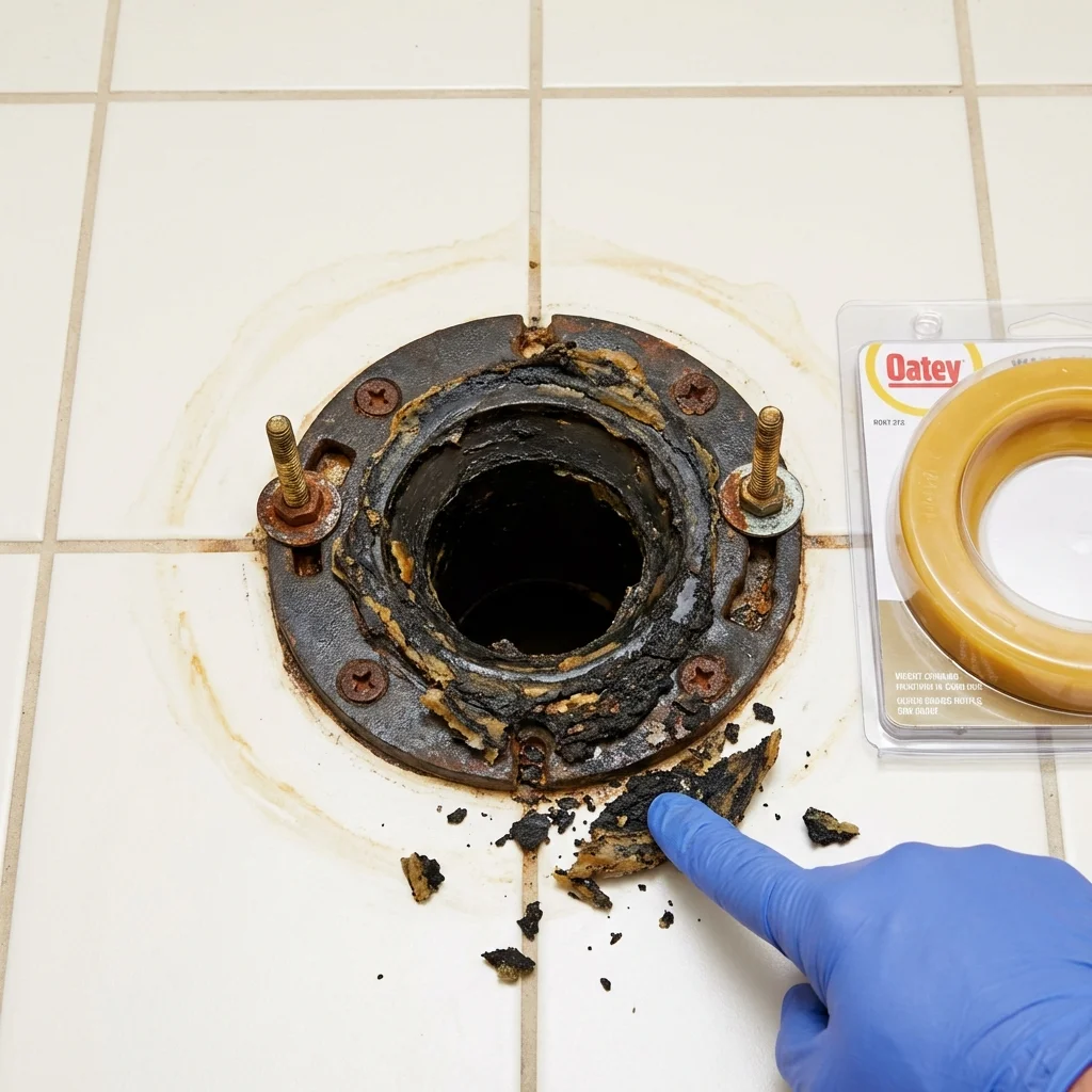 Failed wax ring showing water seepage at the base of a toilet in a Hiawassee, GA home