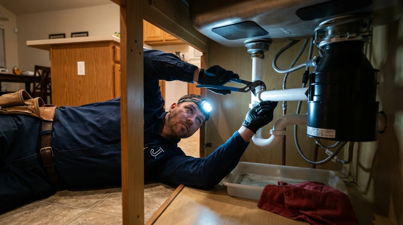 P-trap and supply line connections under a kitchen sink showing a common leak point in Hiawassee, GA
